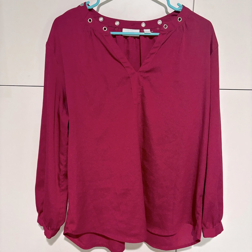 New York & Company Womens Pink Magenta Long Sleeve Blouse Grommet Neck XL